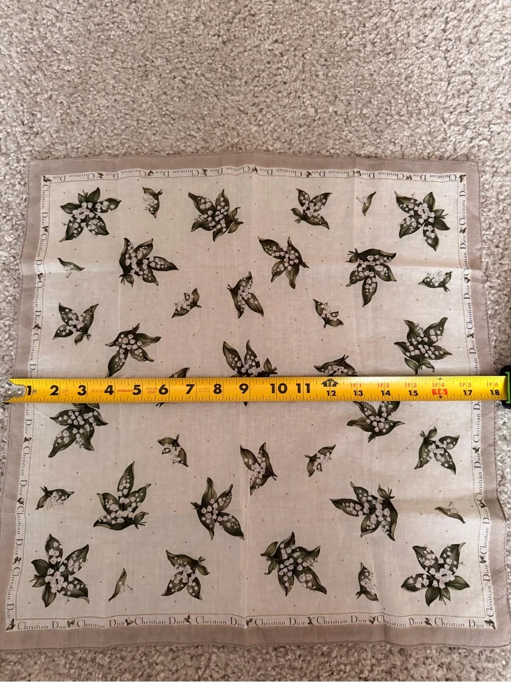 Dior Cream Silk Napkin with Green Floral Motif